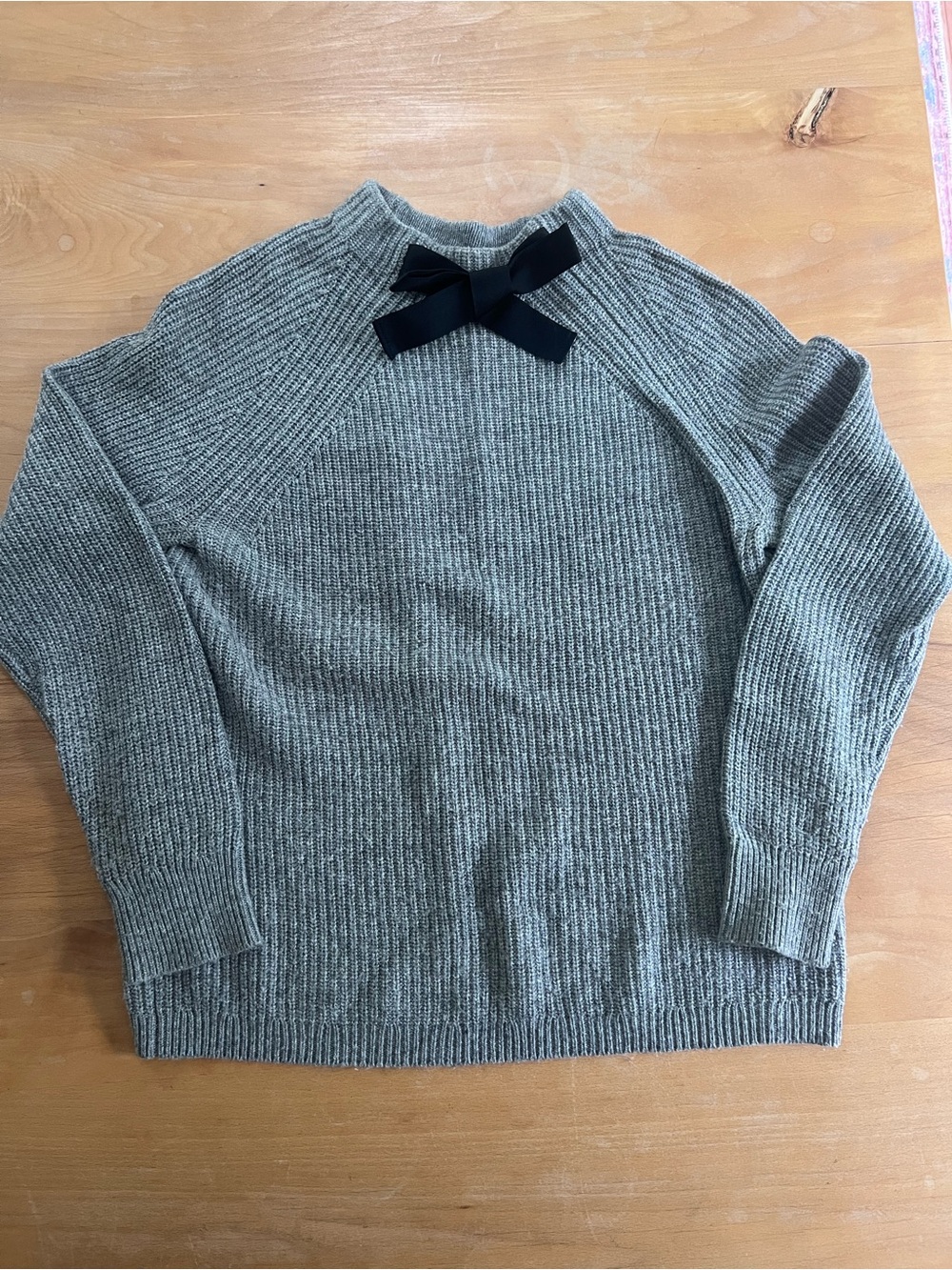 J Crew Women’s Gray Ribbed Knit Sweater with Black Neck Bow